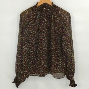 GAP blouse top sheer tiny floral black print large mock stretch collar f…
